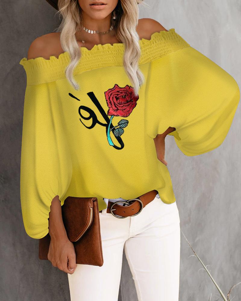 

Floral Letter Pattern Print Off Shoulder Lantern Sleeve Top, Yellow