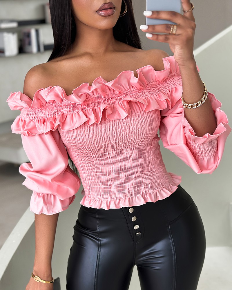 Off shoulder frill trim bow deals front shirred milkmaid top