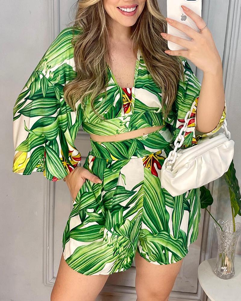

Tropical Print Tied Detail Backless Crop Top & Shorts Set, Green