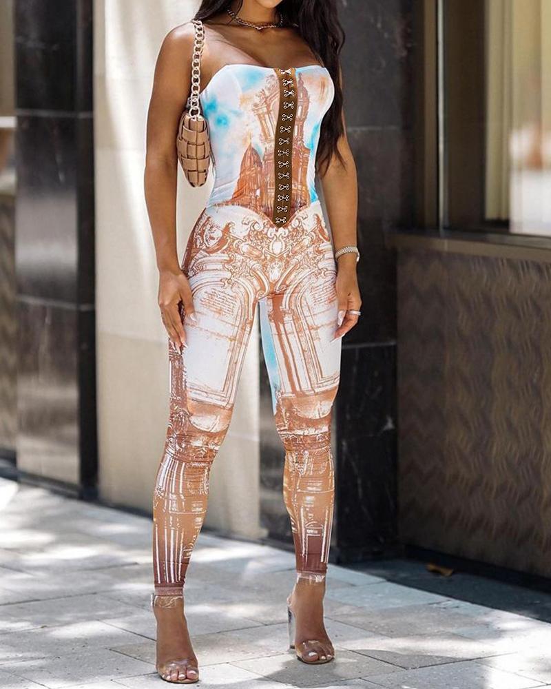 

Landscape Print Bandeau Lace-up Skinny Jumpsuit, Multicolor