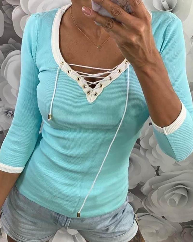 

Eyelet Lace-up Contrast Binding Top, Light blue