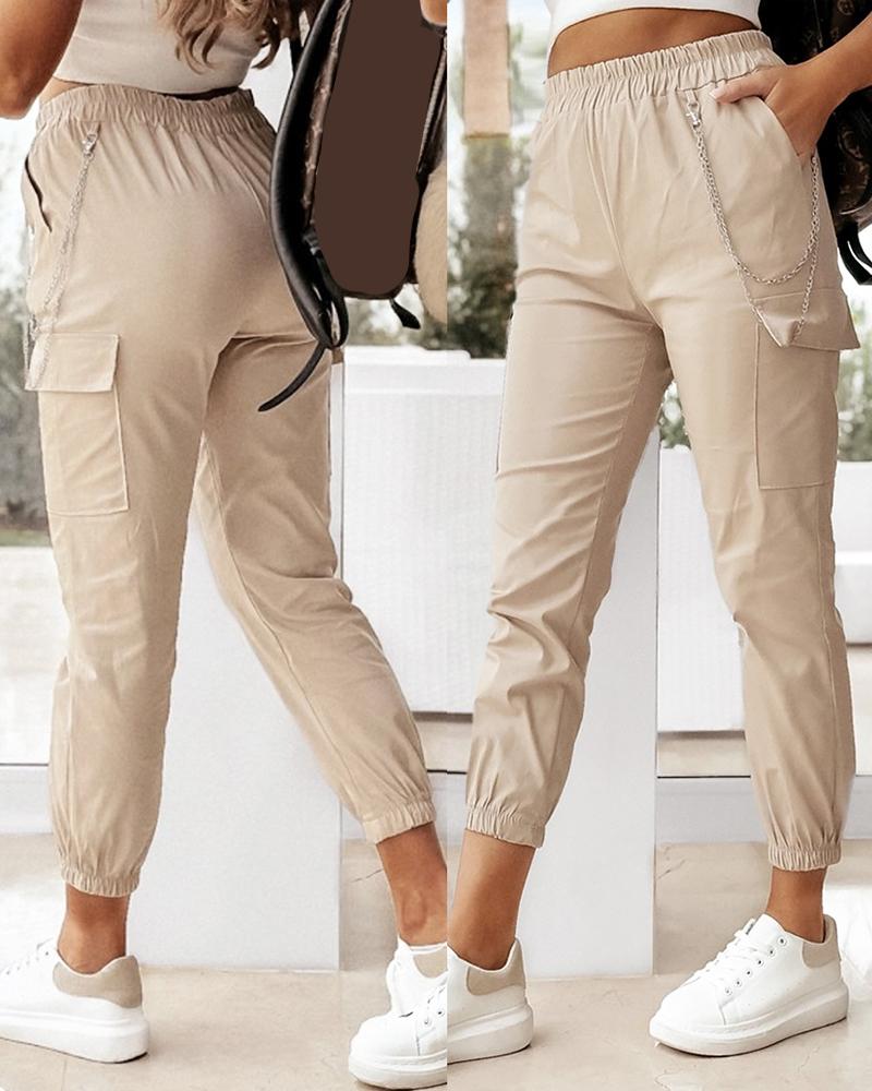 

Chain Decor Cuffed Casual Pants, Apricot