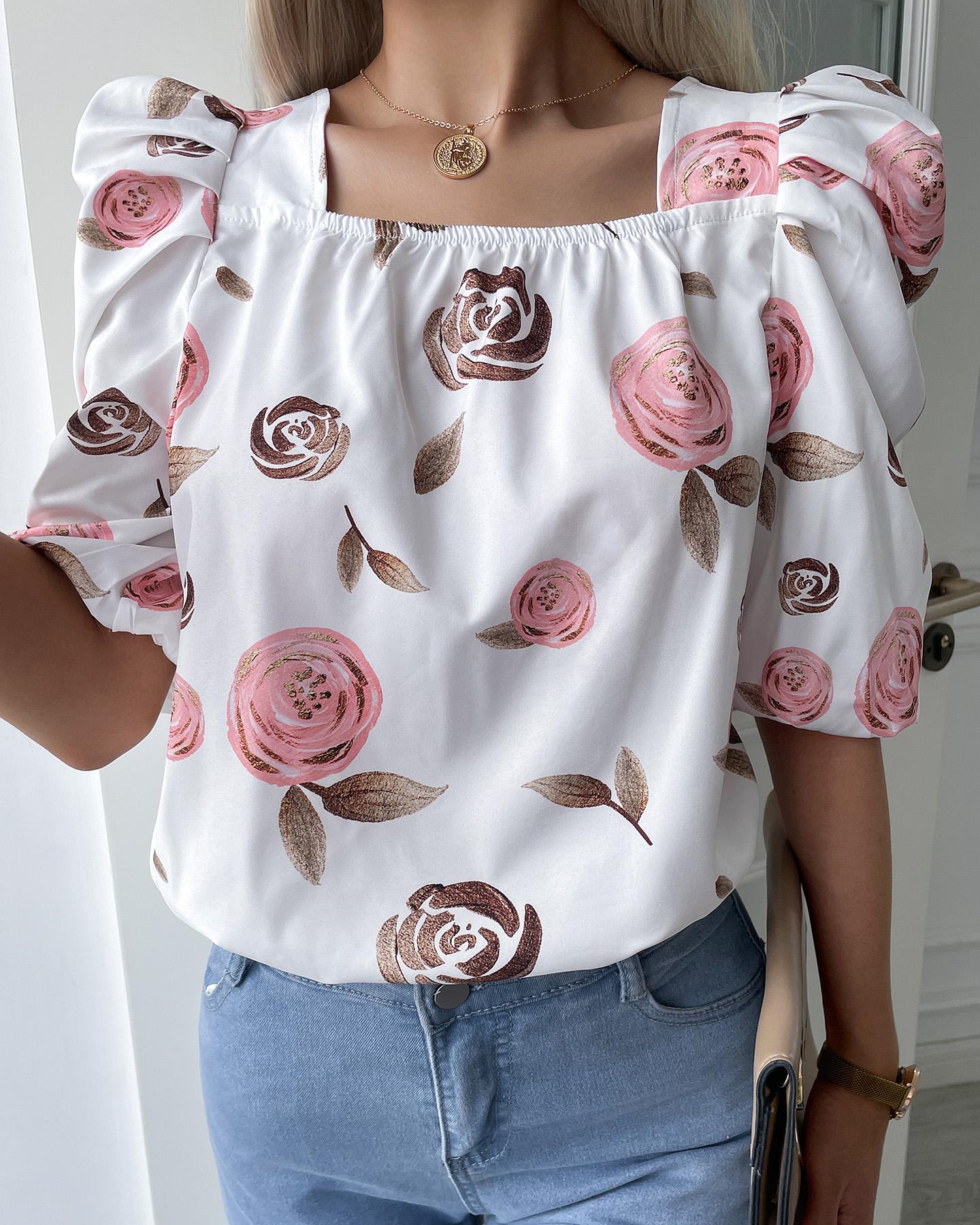 

Floral Print Puff Sleeve Tie Back Blouse, White