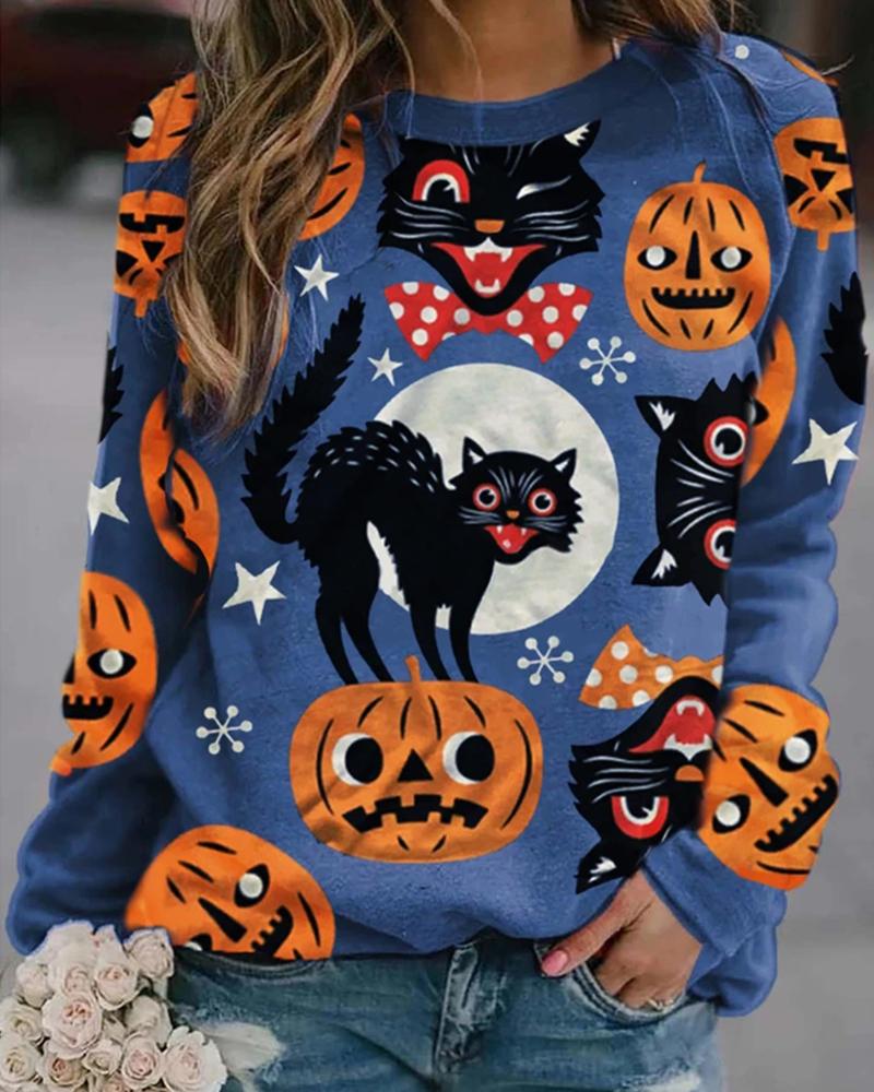 

Halloween Cat Pumpkin Print Colorblock Sweatshirt, Dark blue