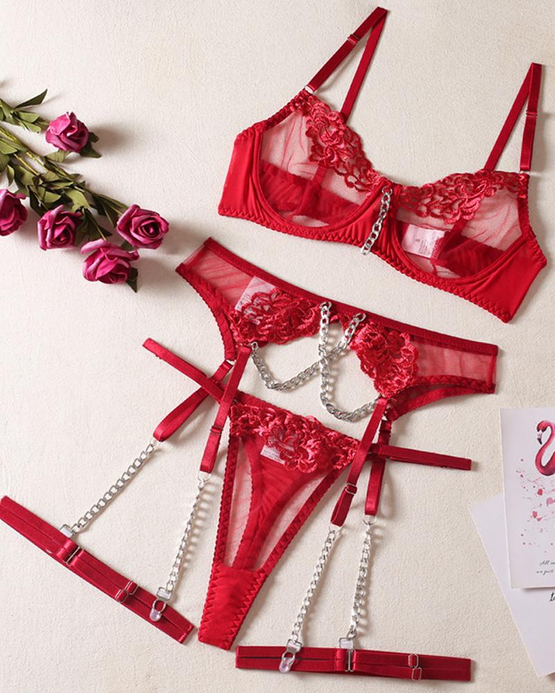 

Chain Decor Embroidery Sheer Mesh Garter Lingerie Set, Red