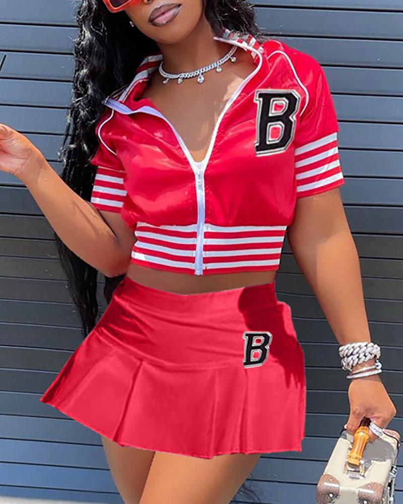 

Letter Print Striped Zipper Design Baseball Coat & Ruched Skirt Set, Red