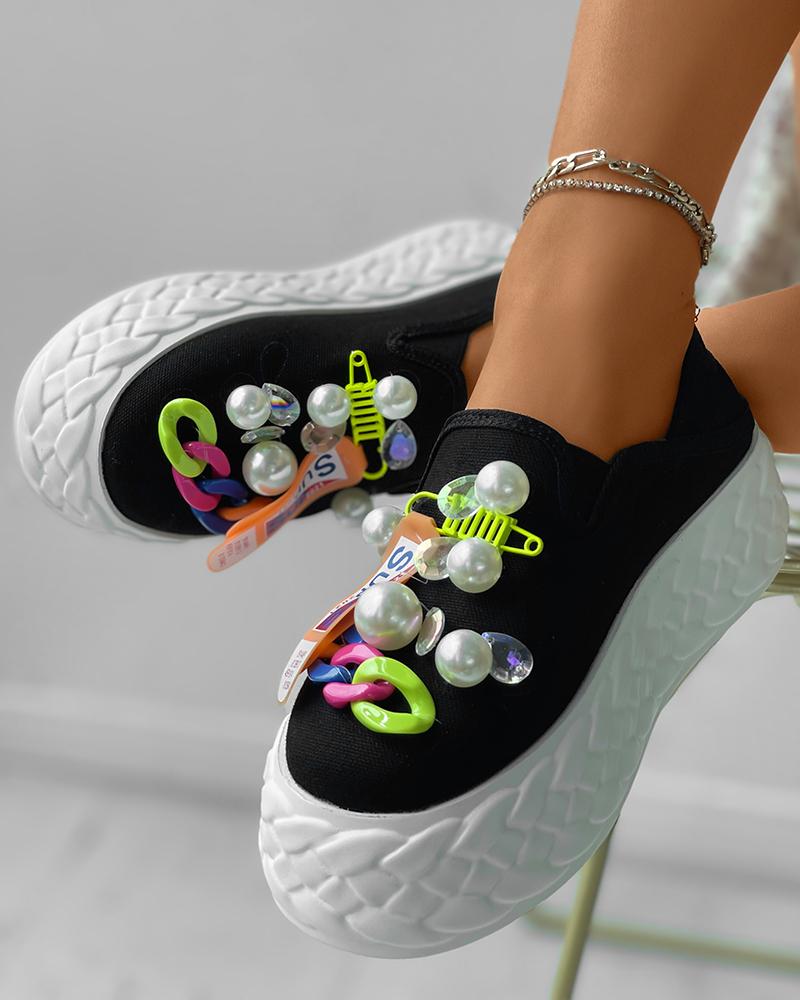 

Beaded Chain Decor Flatform Canvas Shoes, Black