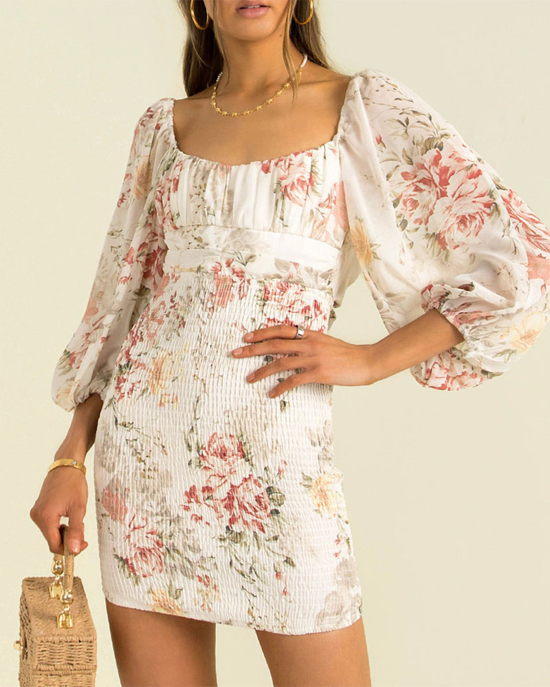 

Floral Print Lantern Sleeve Shirred Chiffon Dress, White
