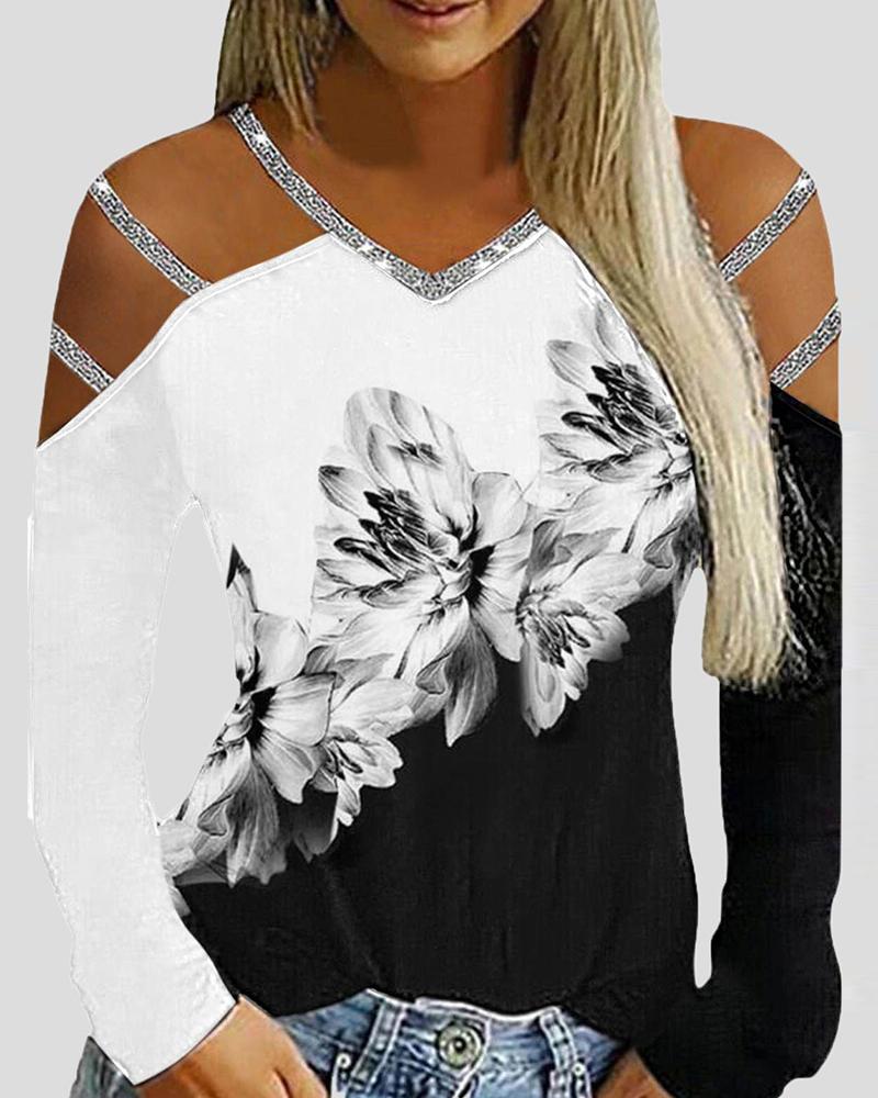 

Floral Print Colorblock Cold Shoulder Glitter Top, Black