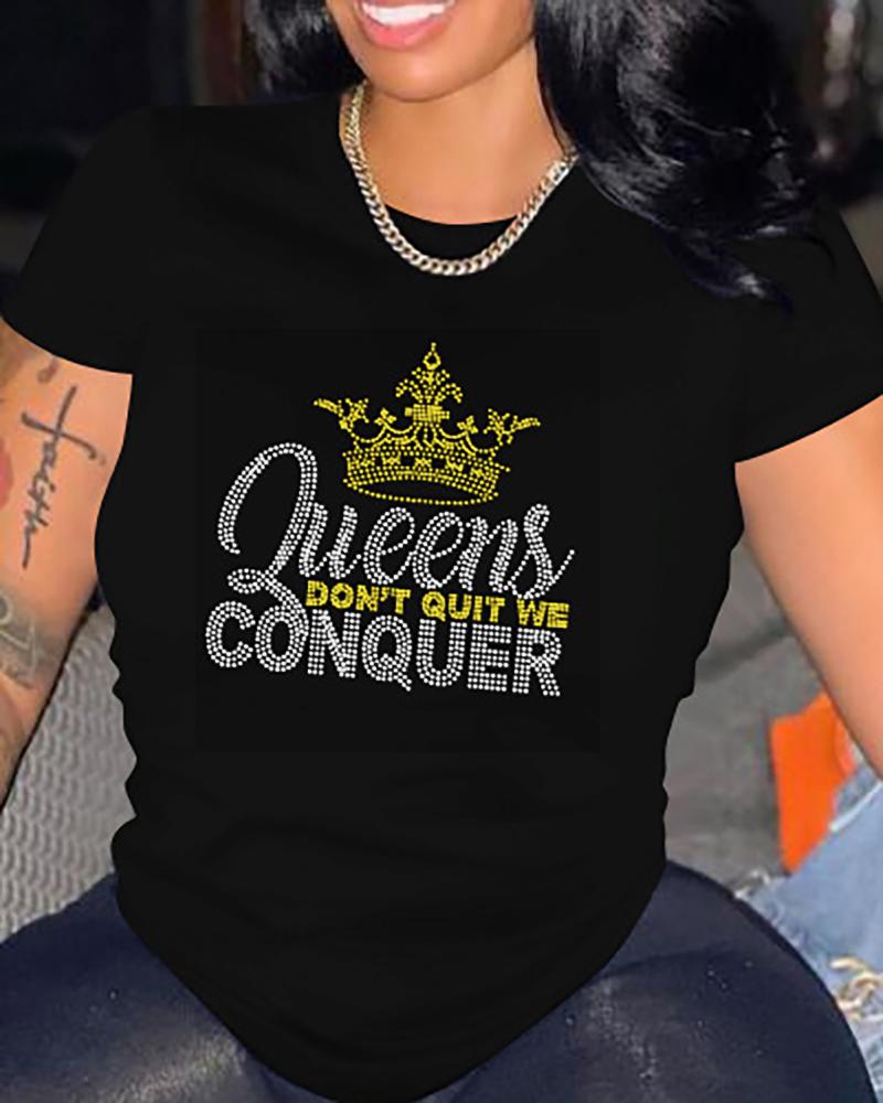 

Rhinestone Crown Letter Pattern Short Sleeve Top, Black