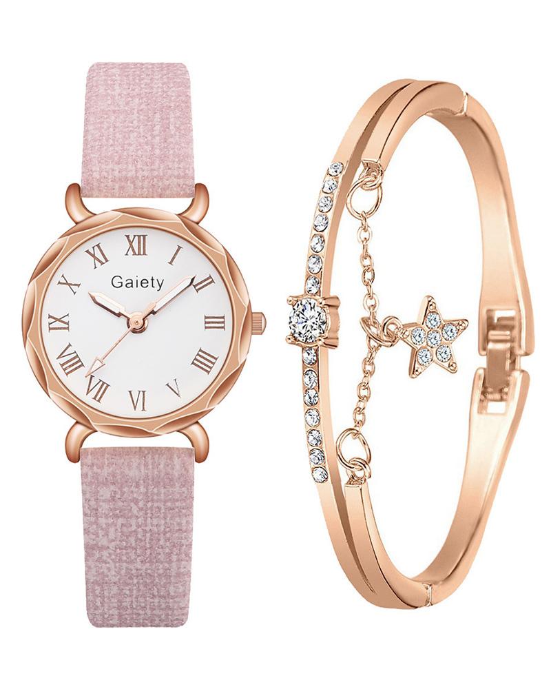 

Minimalist Pointer Quartz Watch & Star Rhinestone Bracelet Set, Pink