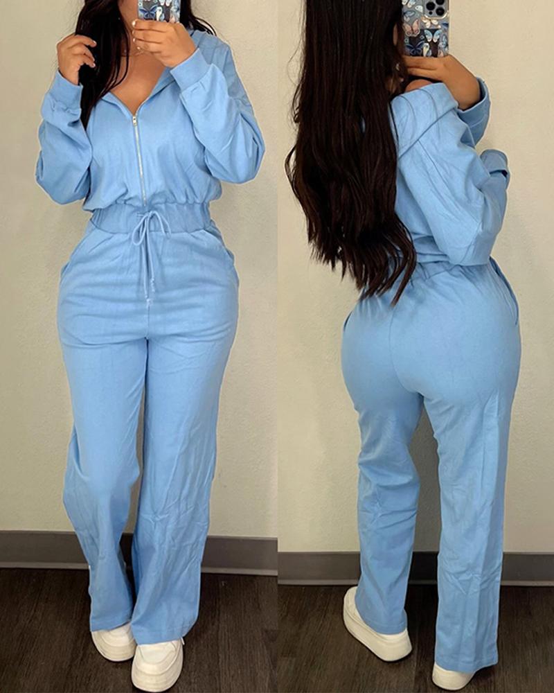 

Hooded Zipper Design Drawstring Jumpsuit, Blue