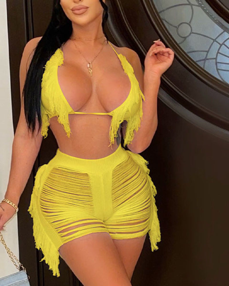 

Crochet Fringe Trim Halter Crop Top & Ripped Cover Up Shorts Set, Yellow