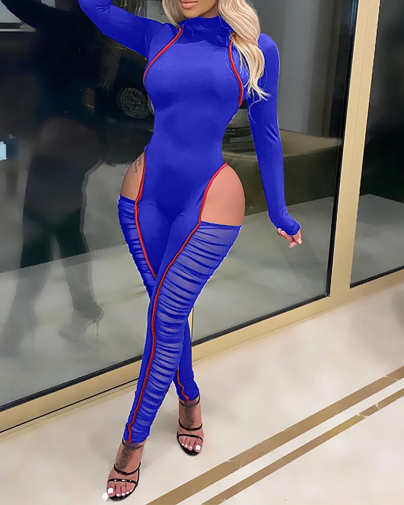 

Colorblock Cutout Sheer Mesh Ruched Jumpsuit, Blue