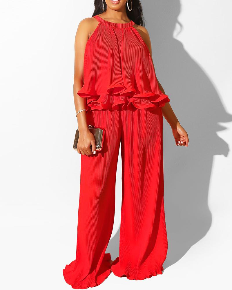 

Sleeveless Frill Hem Top & Wide Leg Pants Set, Red