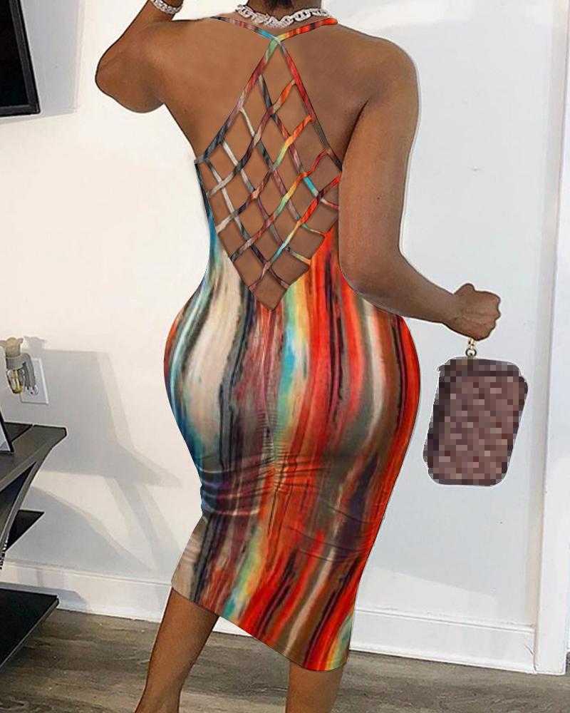 

Multi-color Print Fishnet Backless Sleeveless Bodycon Dress, Multicolor