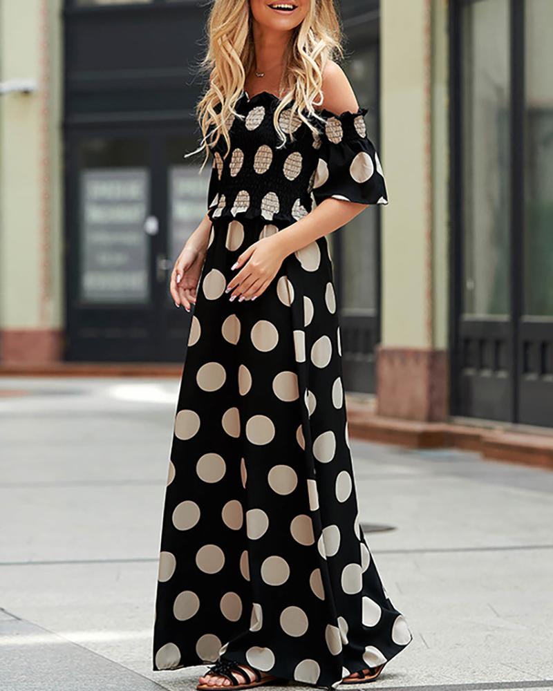 

Off Shoulder Polkadot Print Shirred Frill Hem Maxi Dress, Black