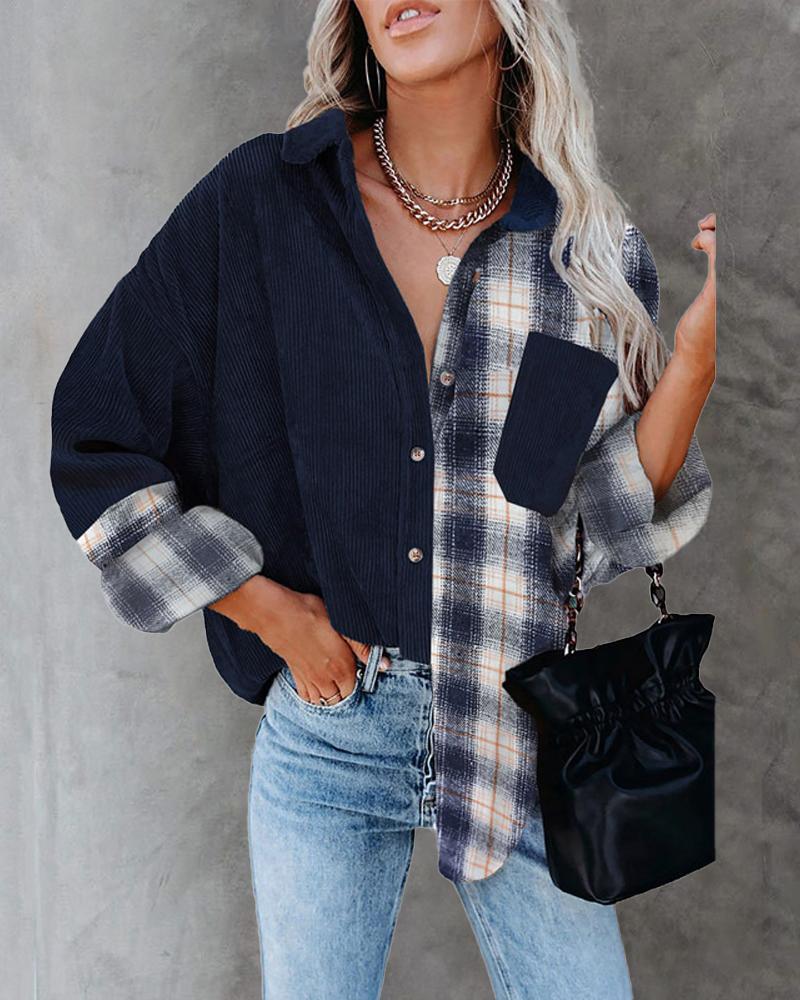 

Contrast Plaid Long Sleeve Button Front Shacket, Dark blue