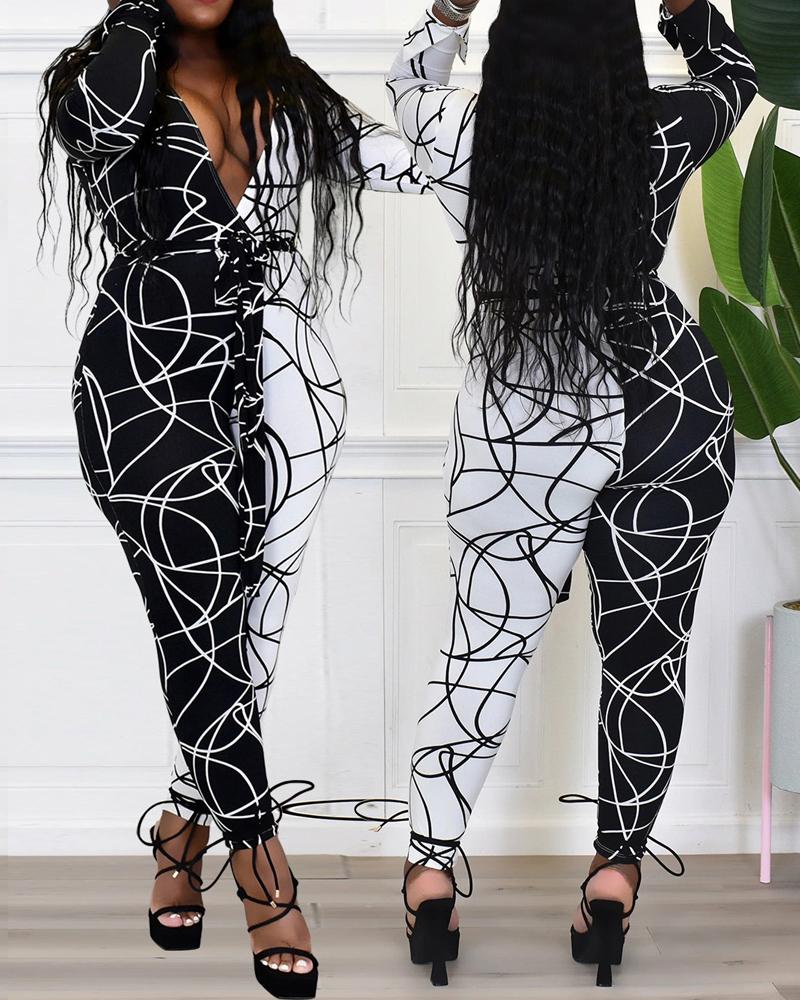 

Plus Size Abstract Print Colorblock Long Sleeve Jumpsuit, Blackwhite