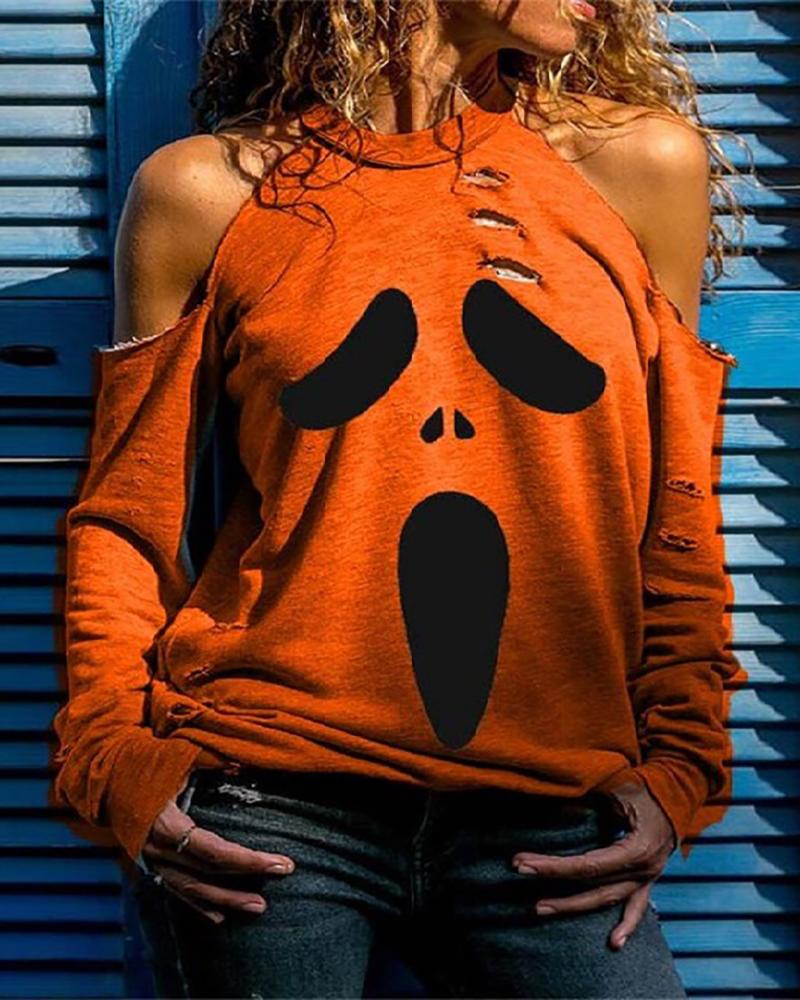 

Halloween Cold Shoulder Ghost Print Cutout Top, Orange