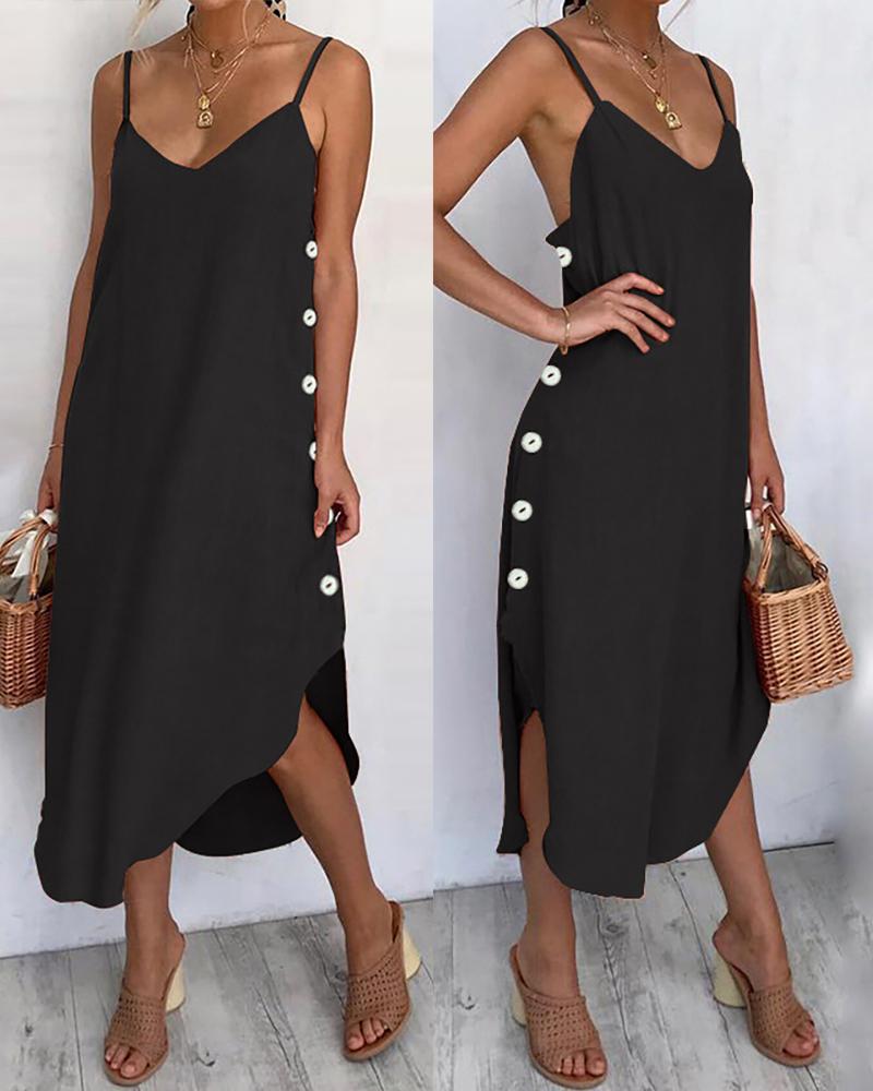 

Button Design Slit Spaghetti Strap Irregular Dress, Black