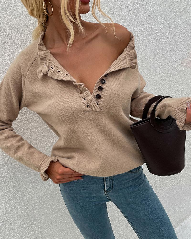 

Frill Hem Bell Sleeve Button Front Sweater, Khaki