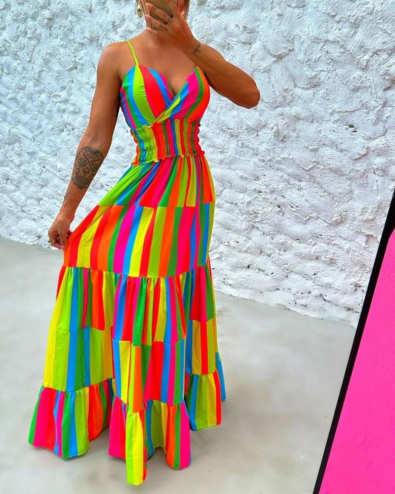 

Rainbow Stripe Print Halter Backless Maxi Dress, Multicolor