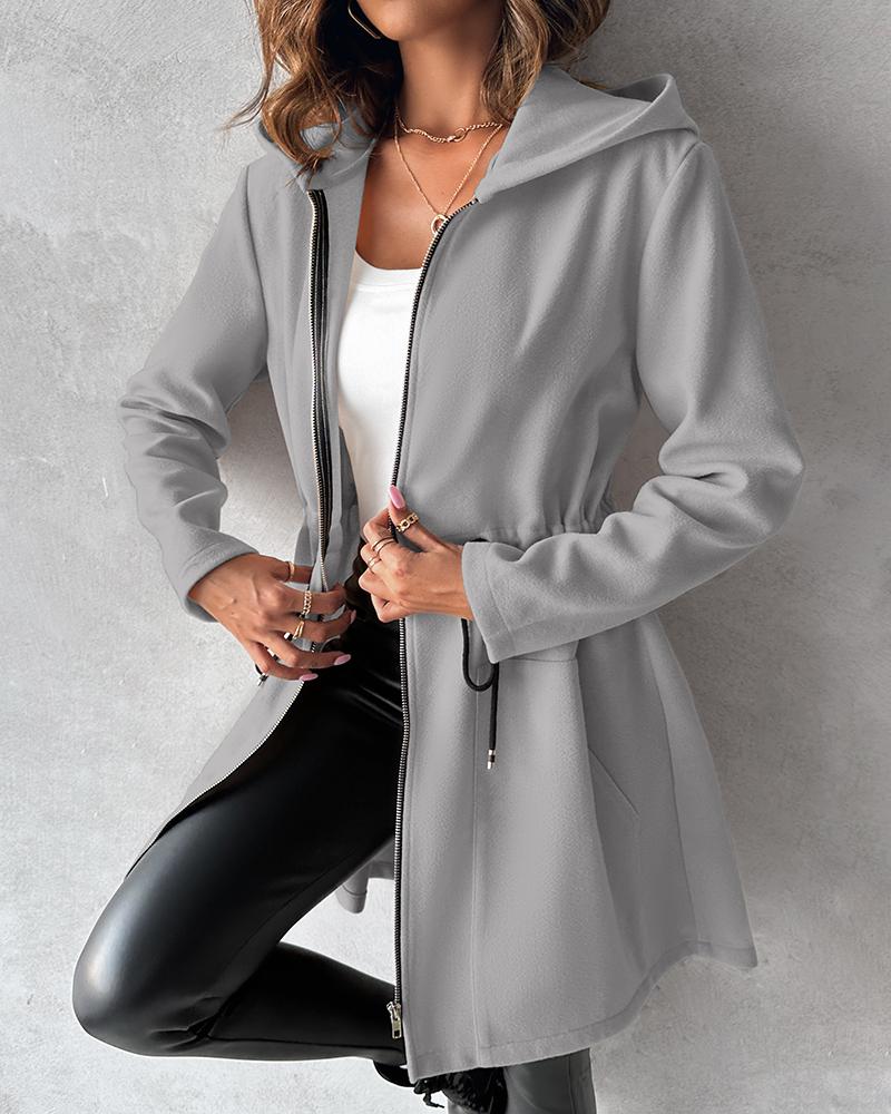 

Pocket Zipper Design Drawstring Hooded Coat, Gray