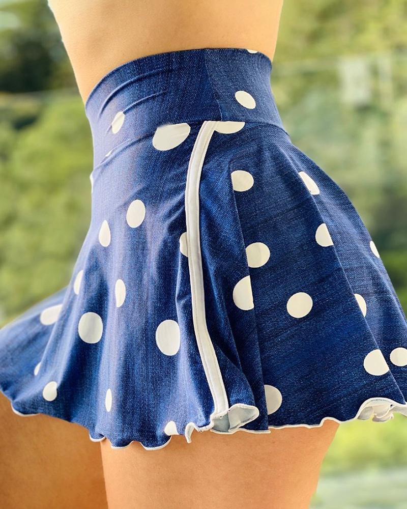 

Polkadot Print Frill Hem High Waist Skorts, Blue