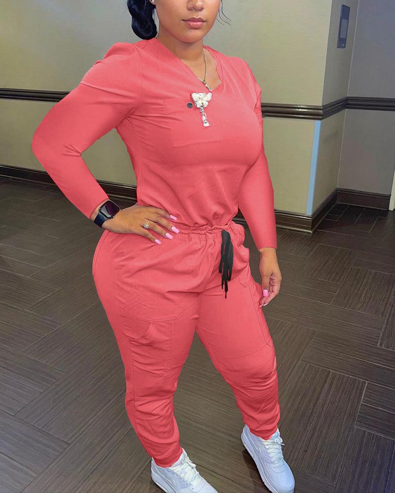 

V-Neck Long Sleeve Top & Pocket Detail Drawstring Pants Set, Pink