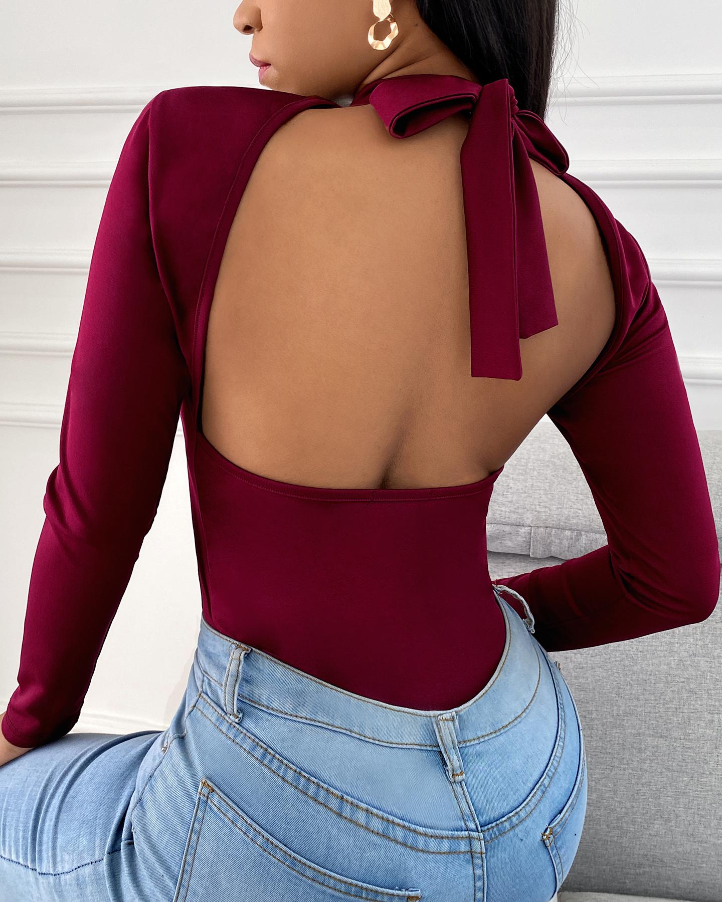 

Plain Cutout Backless Long Sleeve Top, Wine red