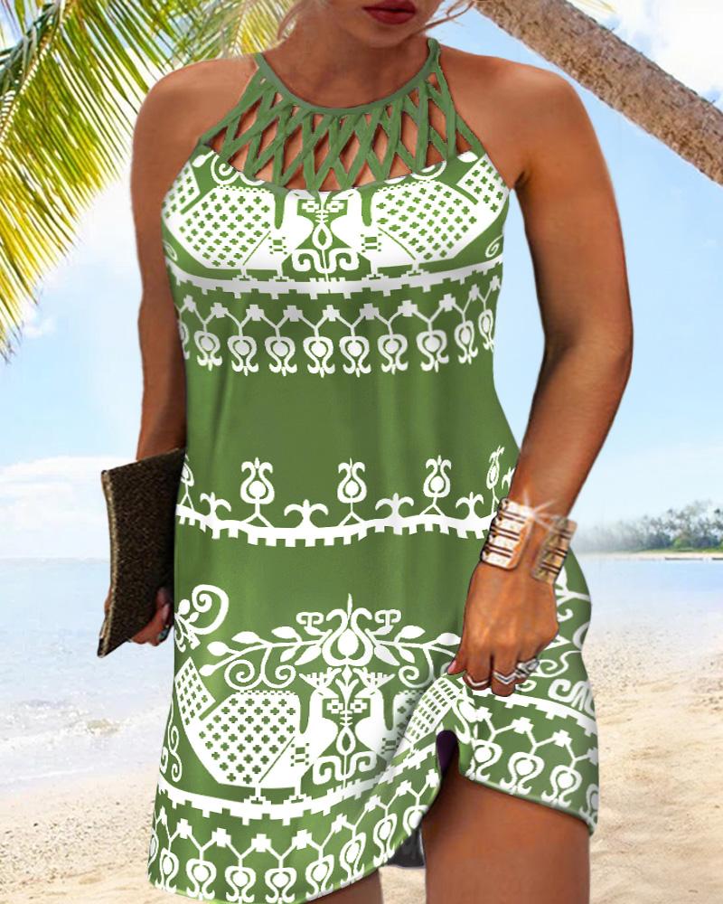 

Plus Size Baroque Print Hollow Out Casual Dress, Green