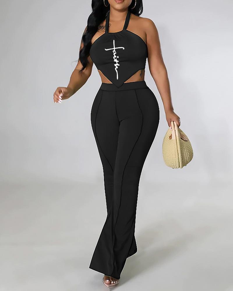 

Letter Print Halter Backless Crop Top & Bootcut Pants Set, Black