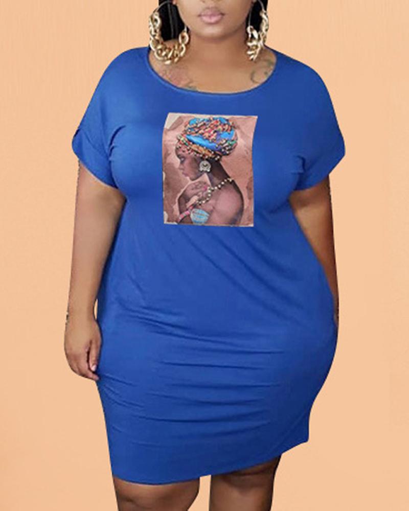 

Plus Size Figure Print Short Sleeve Casual Dress, Blue