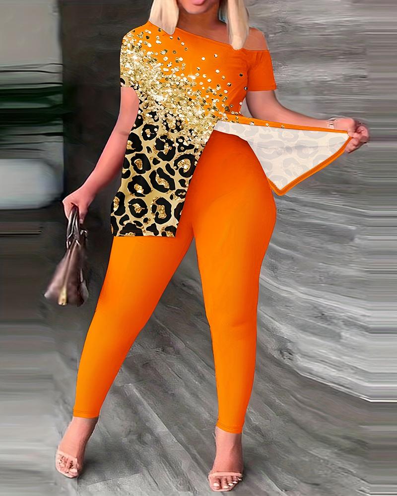 

Plus Size Contrast Leopard Print Skew Neck Slit Top & Pants Set, Orange