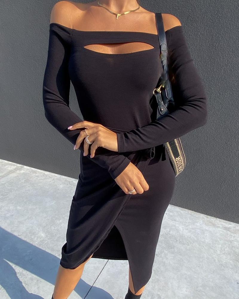 

Off Shoulder Cutout Tied Detail Slit Bodycon Dress, Black