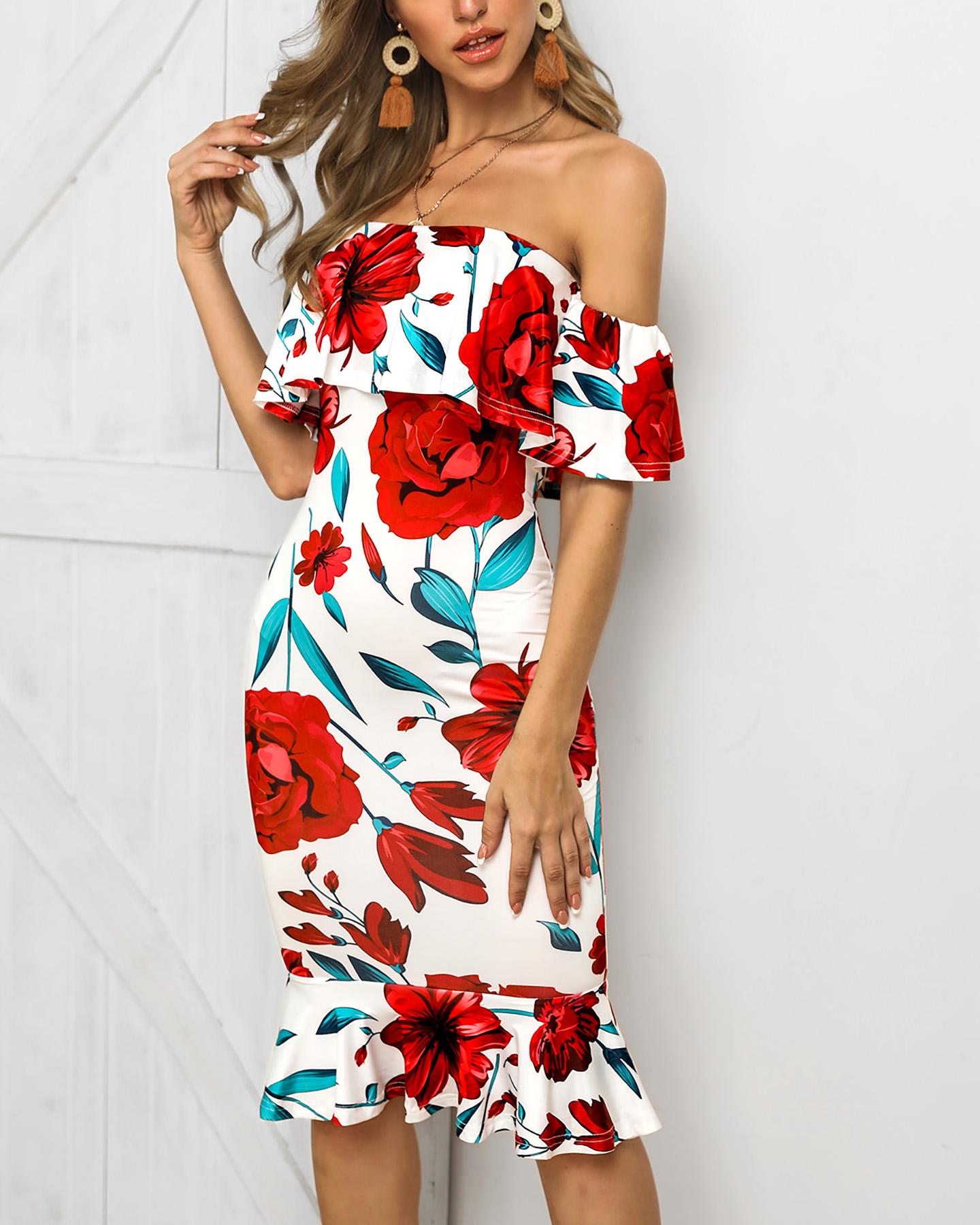 

Off Shoulder Floral Print Ruffles Dress, Multicolor