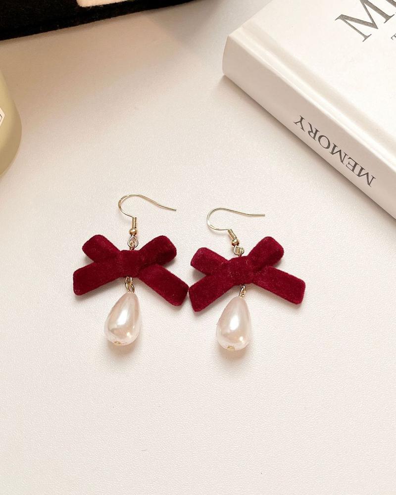 

1Pair Christmas Pearl Flocked Bowknot Decor Drop Earrings, Red