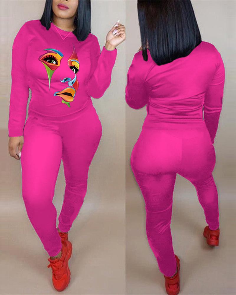 

Abstract Figure Print Long Sleeve Top & Pants Set, Hot pink