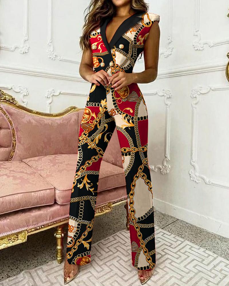 

Scarf Chain Print Double Breasted Sleeveless Blazer Jumpsuit, Multicolor