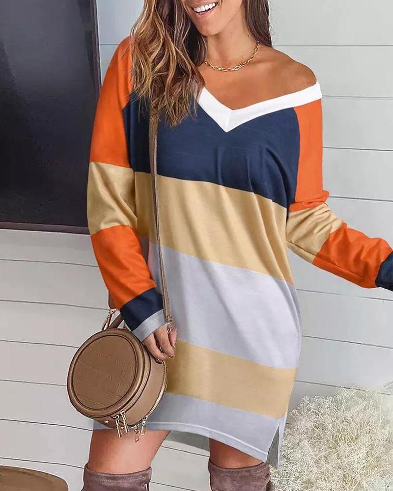 

Colorblock V-Neck Split Hem Long Sleeve Dress, Multicolor