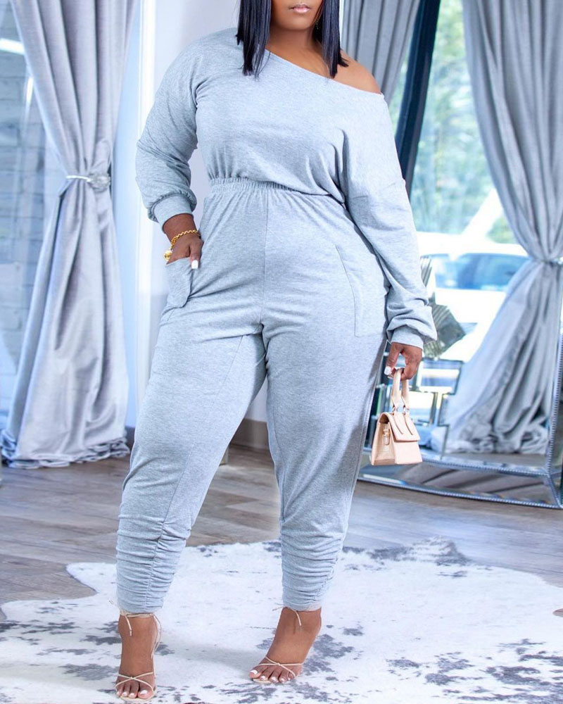 

Long Sleeve Casual Top & Ruched Pants Set, Gray