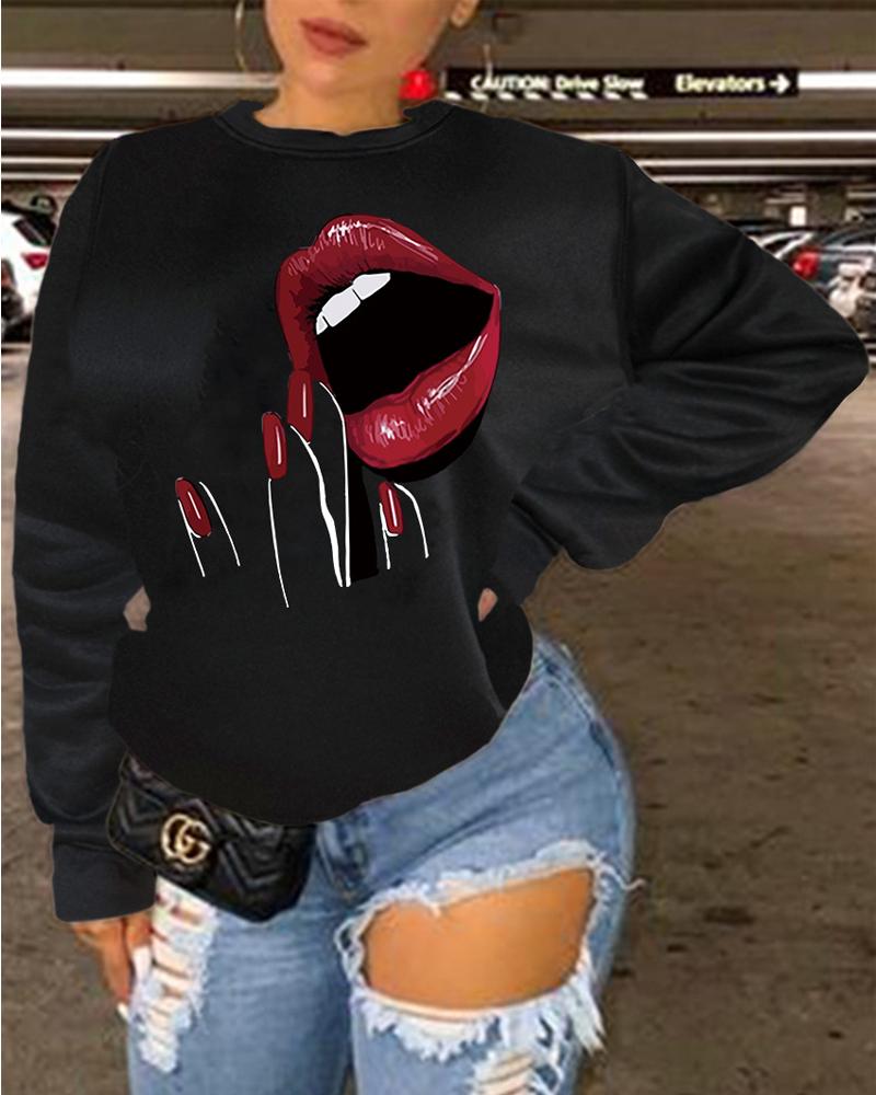 

Plus Size Lip Print Long Sleeve Casual Sweatshirt, Black