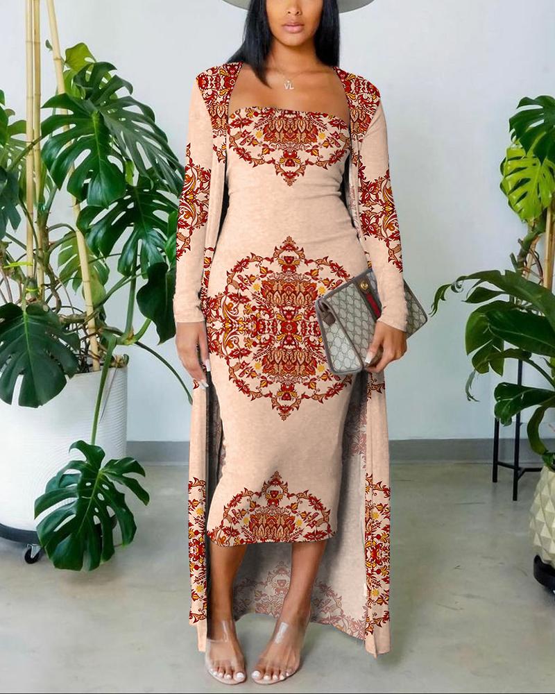 

Baroque Print Tube Bodycon Dress With Longline Coat, Apricot