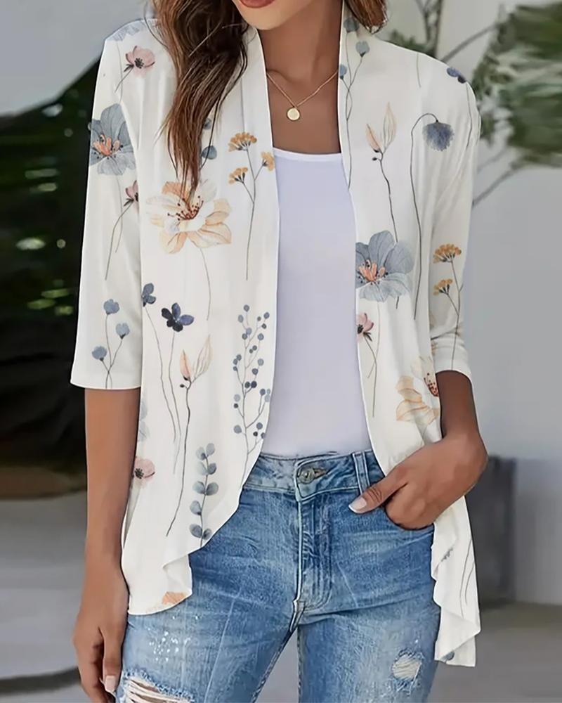 

Floral Print Open Front Asymmetrical Ruffles Coat, White