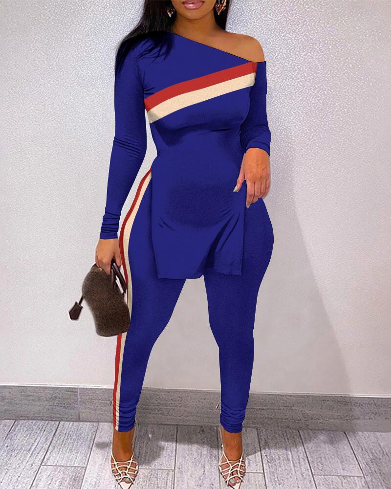

Contrast Paneled Split Hem Long Sleeve Top & Pants Set, Blue