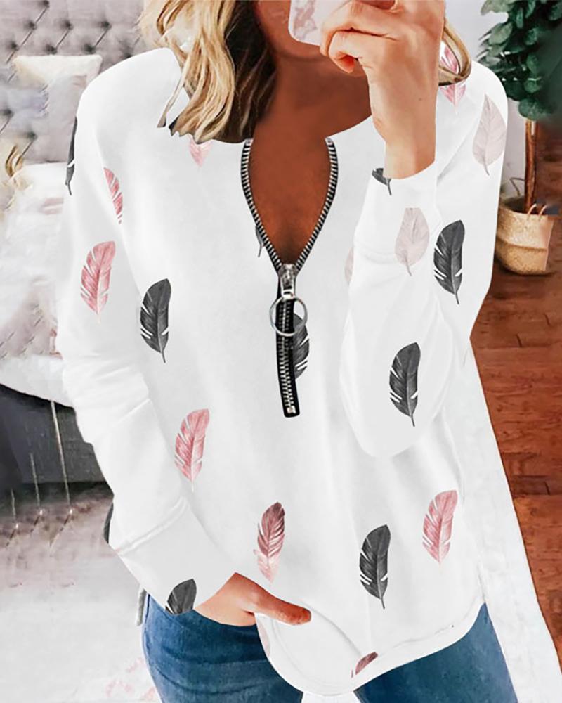 

Feather Print Zipper Design Long Sleeve Top, White