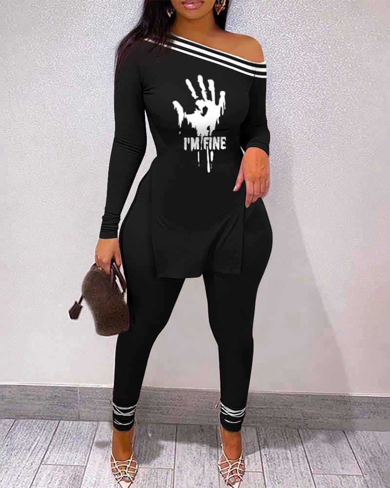 

Halloween Graphic Print Split Hem Top & Pants Set, Black