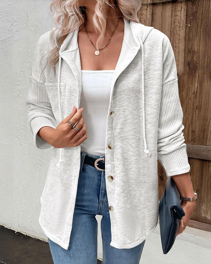 

Veste à capuche à manches longues en tricot côtelé avec boutons épissés sur le devant et cordon de serrage, style décontracté, avec poches à épaules tombantes et ourlet asymétrique, White