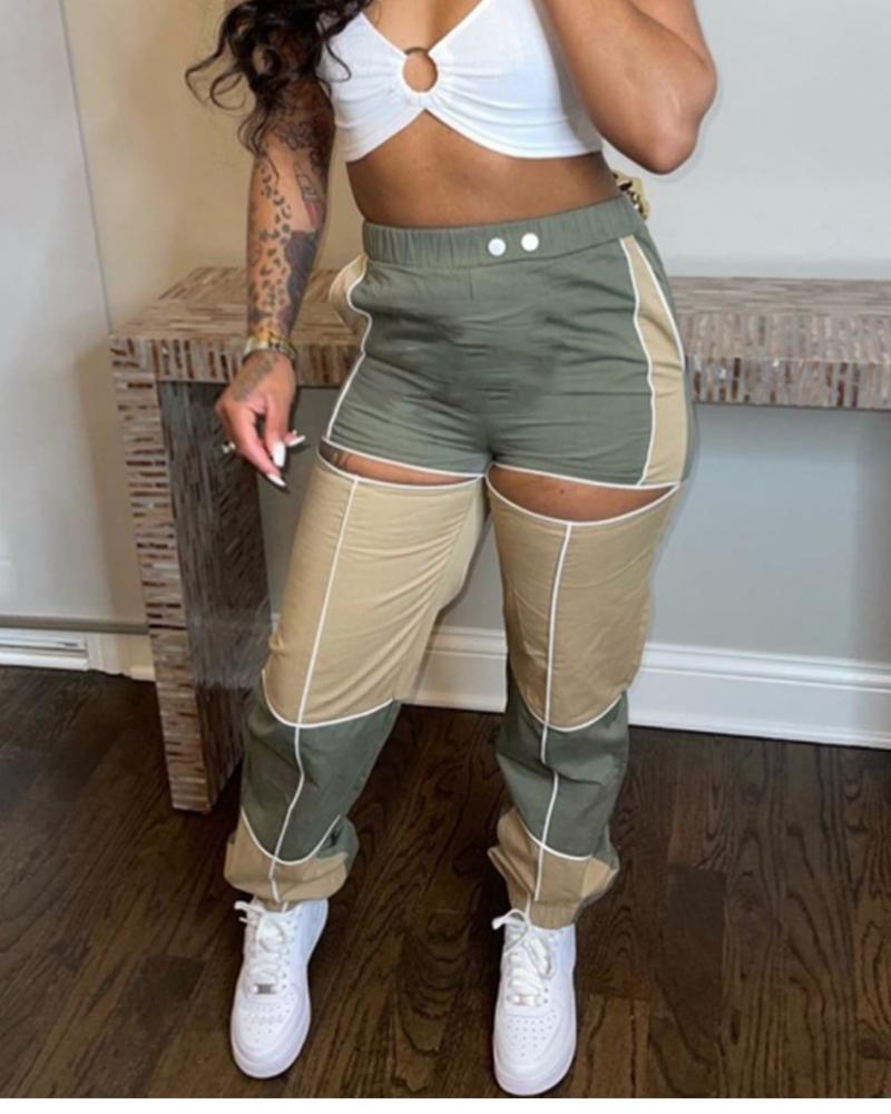 

Striped Print Colorblock Cutout Pants, Multicolor